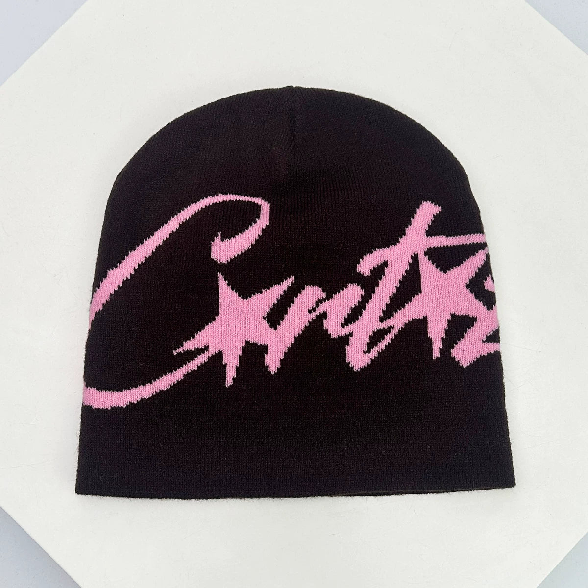 Corteiz Oversized Script Knit Beanie – White / Coffee Pink / Black Grey