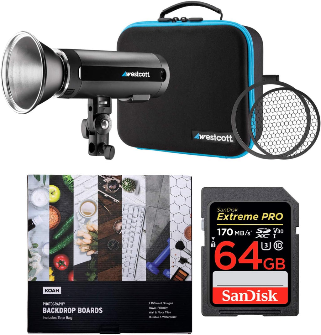 200Ws Strobe Light with 64GB SD Card and Backdrop Boards Bundle (3 Items) F173