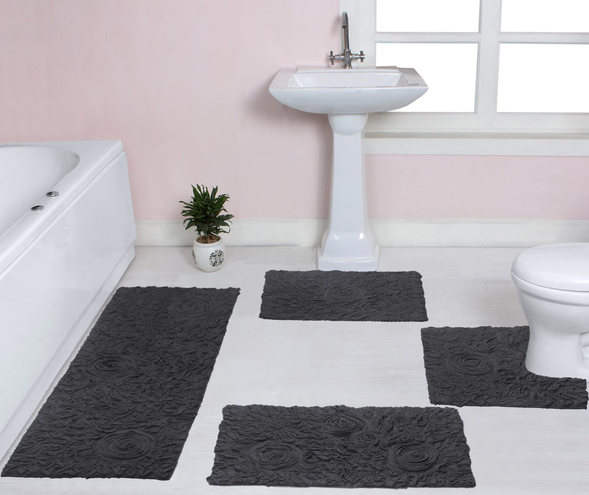 100% Cotton Non-Slip Bathroom Rug Set, 4 Piece Bath Mat Set with Contour Grey D78476
