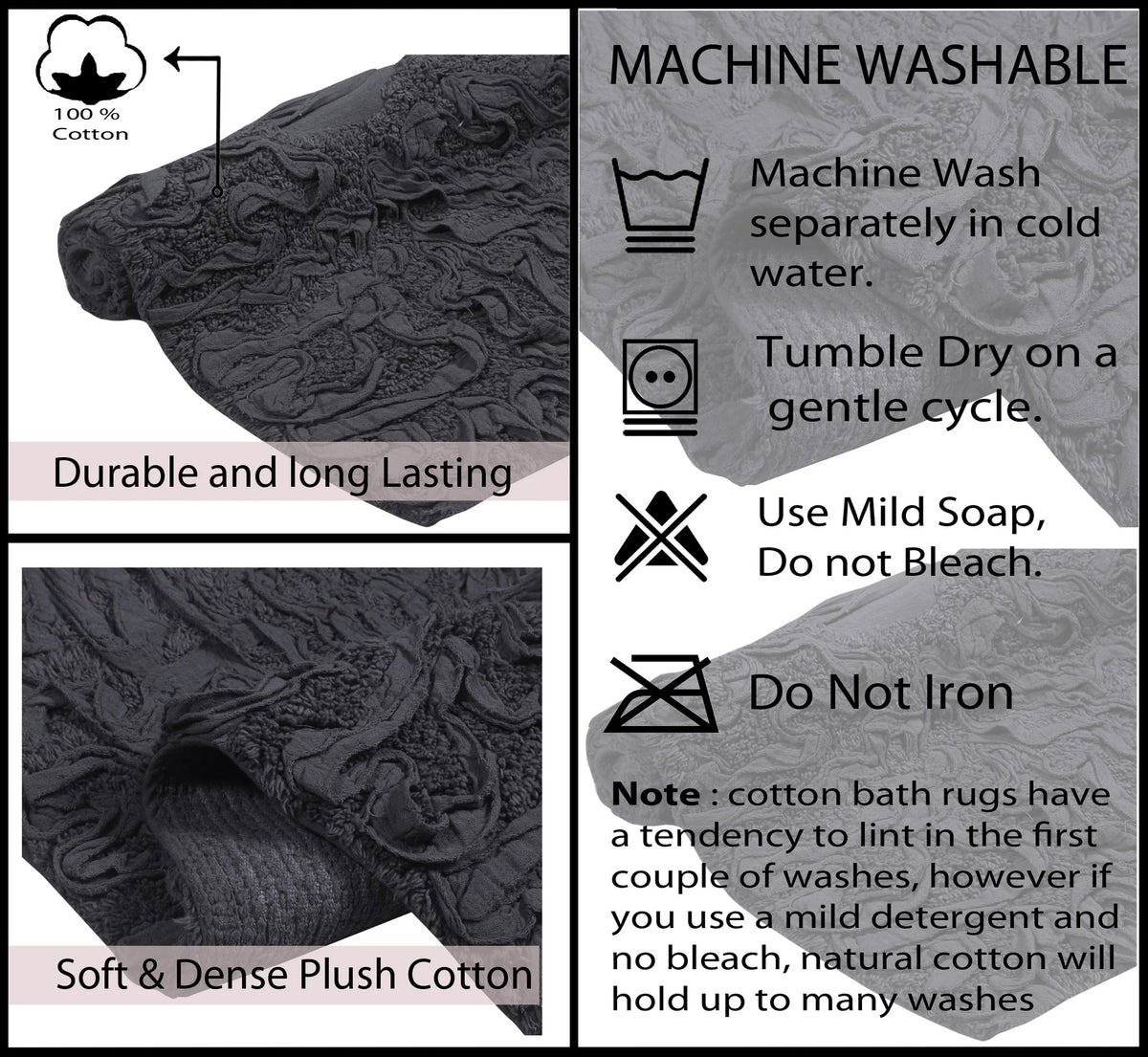 100% Cotton Non-Slip Bathroom Rug Set, 4 Piece Bath Mat Set with Contour Grey D78476