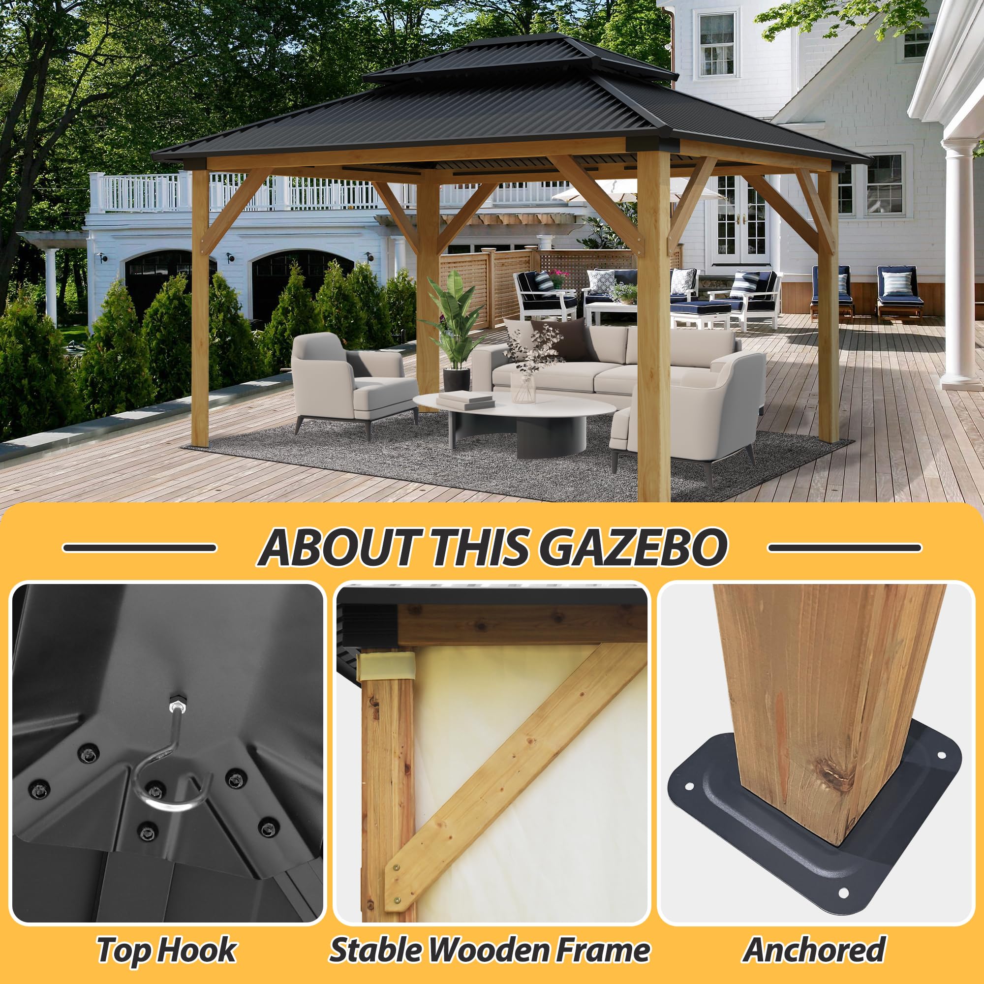 11' x 13' Hardtop Galvanized Steel Wood Gazebo H689