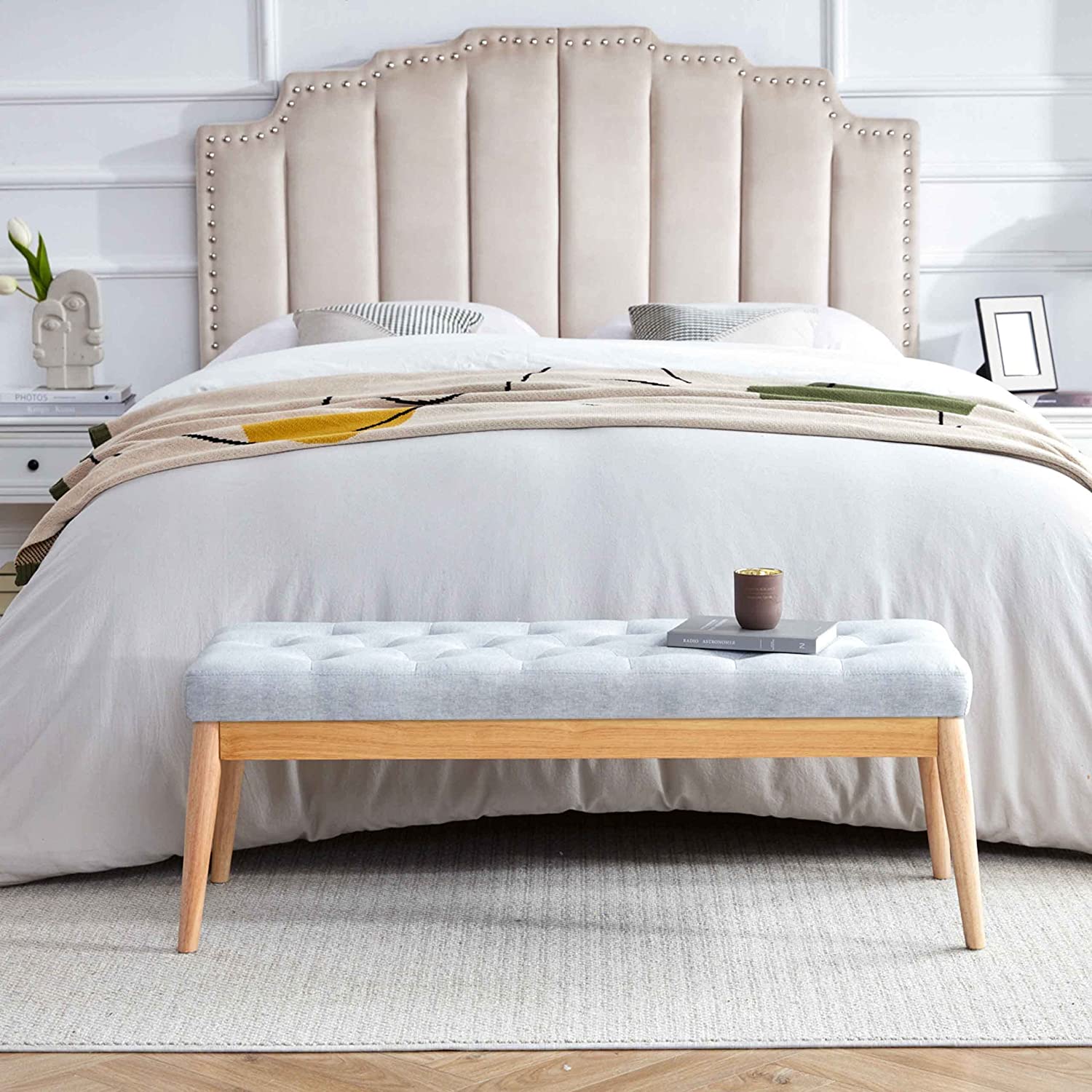 Grey Upholstered Tufted Wood Bench R555