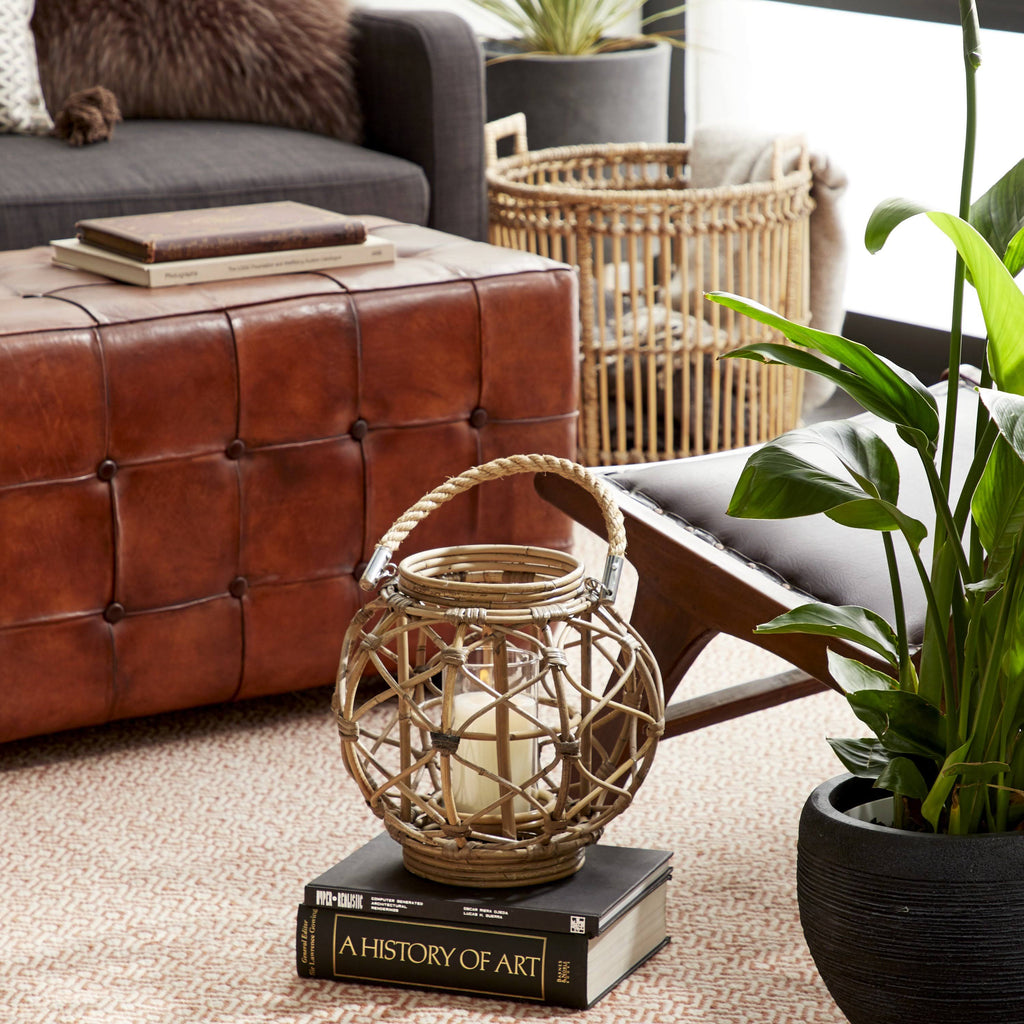 Round Brown Woven Rattan Lantern Candle with Glass Insert V16904