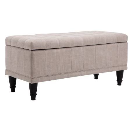 Cream White Tufted Linen Fabric Ottoman Storage Bench F882238