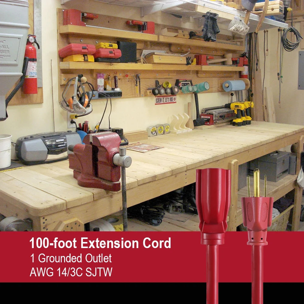 Red 100FT 14AWG 3 Prong Extension Cord U2917