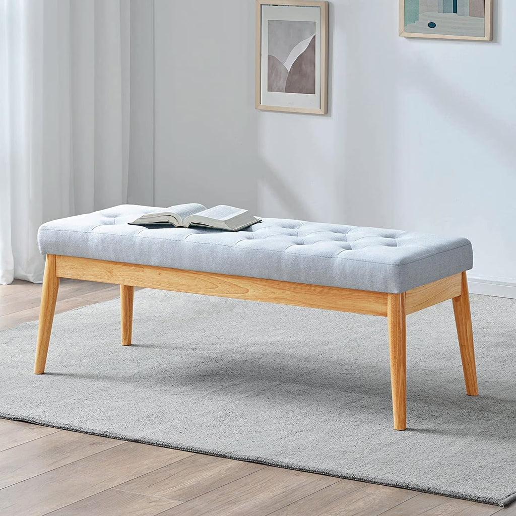 Grey Upholstered Tufted Wood Bench R555