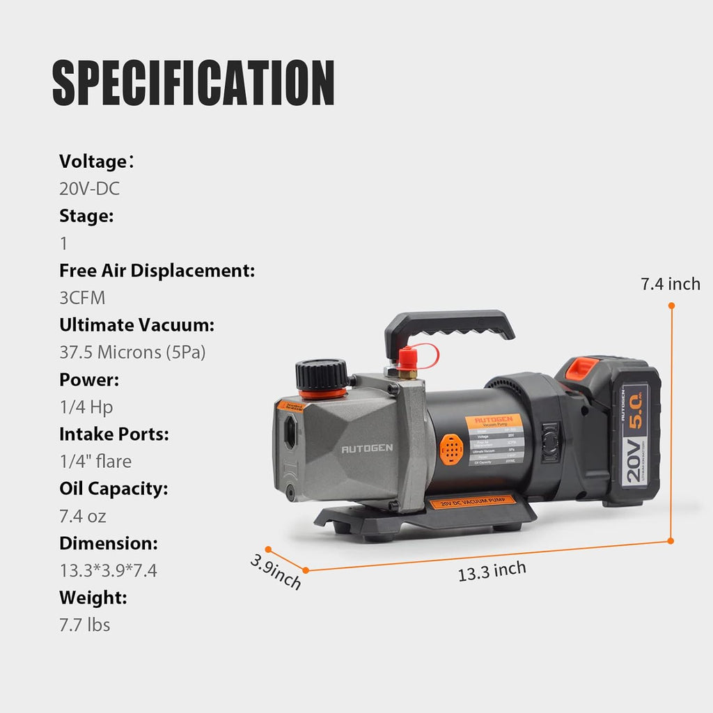 Single-Stage Vacuum Pump 3CFM 20V Lithium Battery DC Inverter 60 microns 1/4HP K288322