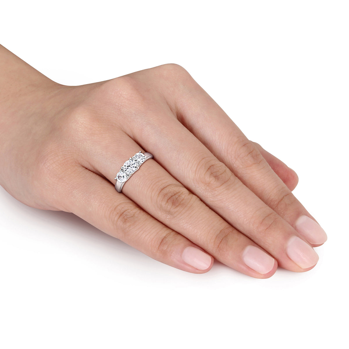 Created White Sapphire 10kt White Gold 3-Stone Round-Cut Engagement Ring I9631
