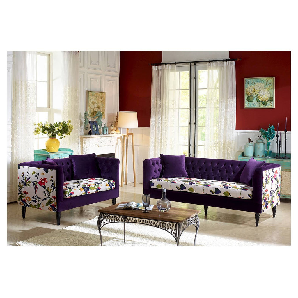 Purple Velvet and Beige Linen Floral Loveseat D4474