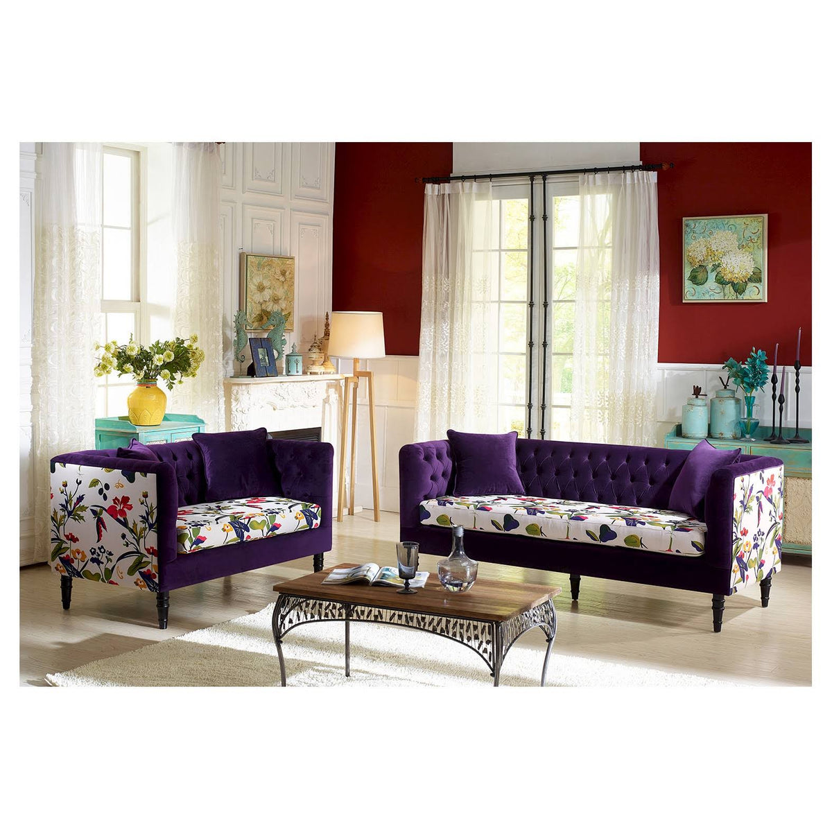 Purple Velvet and Beige Linen Floral Loveseat D4474