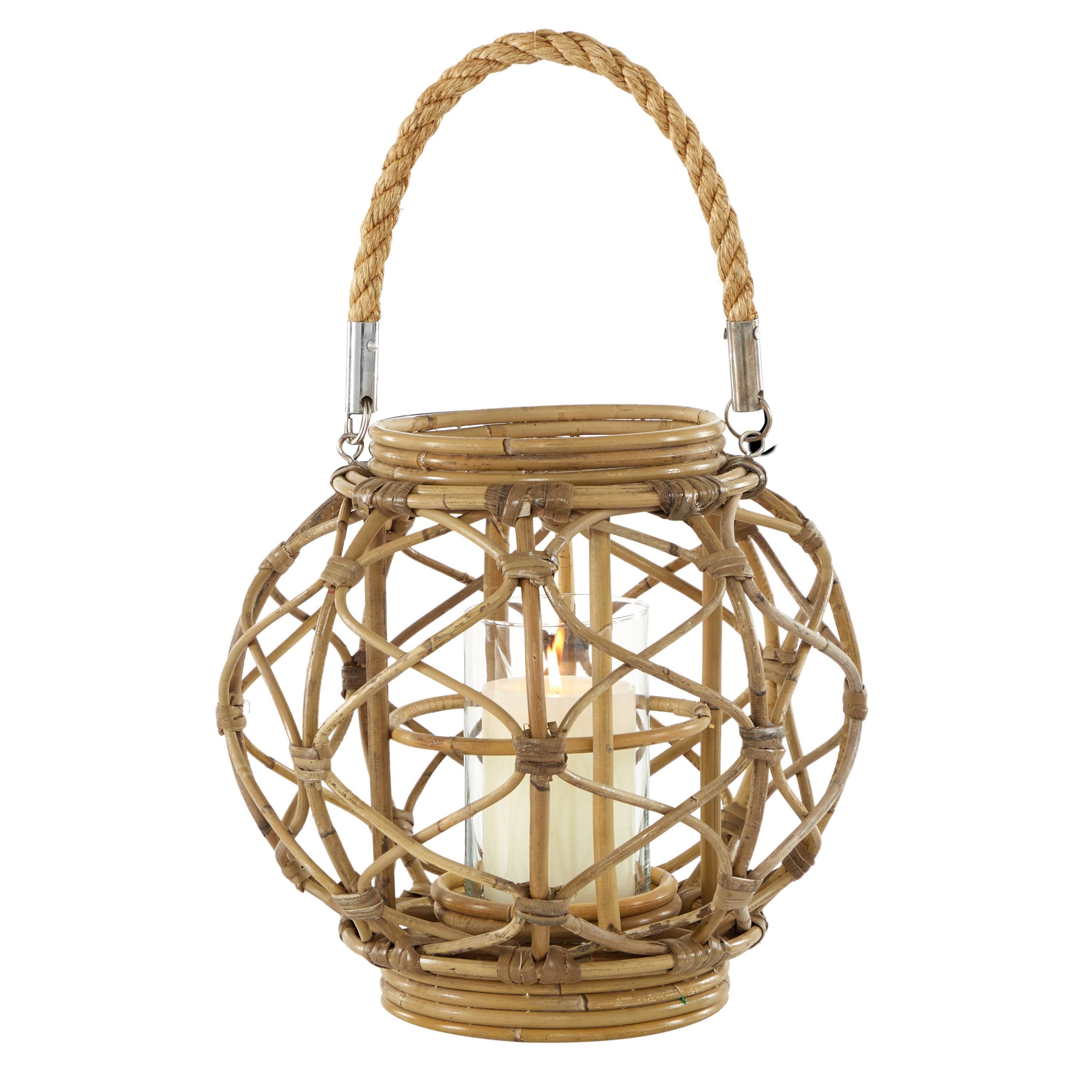 Round Brown Woven Rattan Lantern Candle with Glass Insert V16904