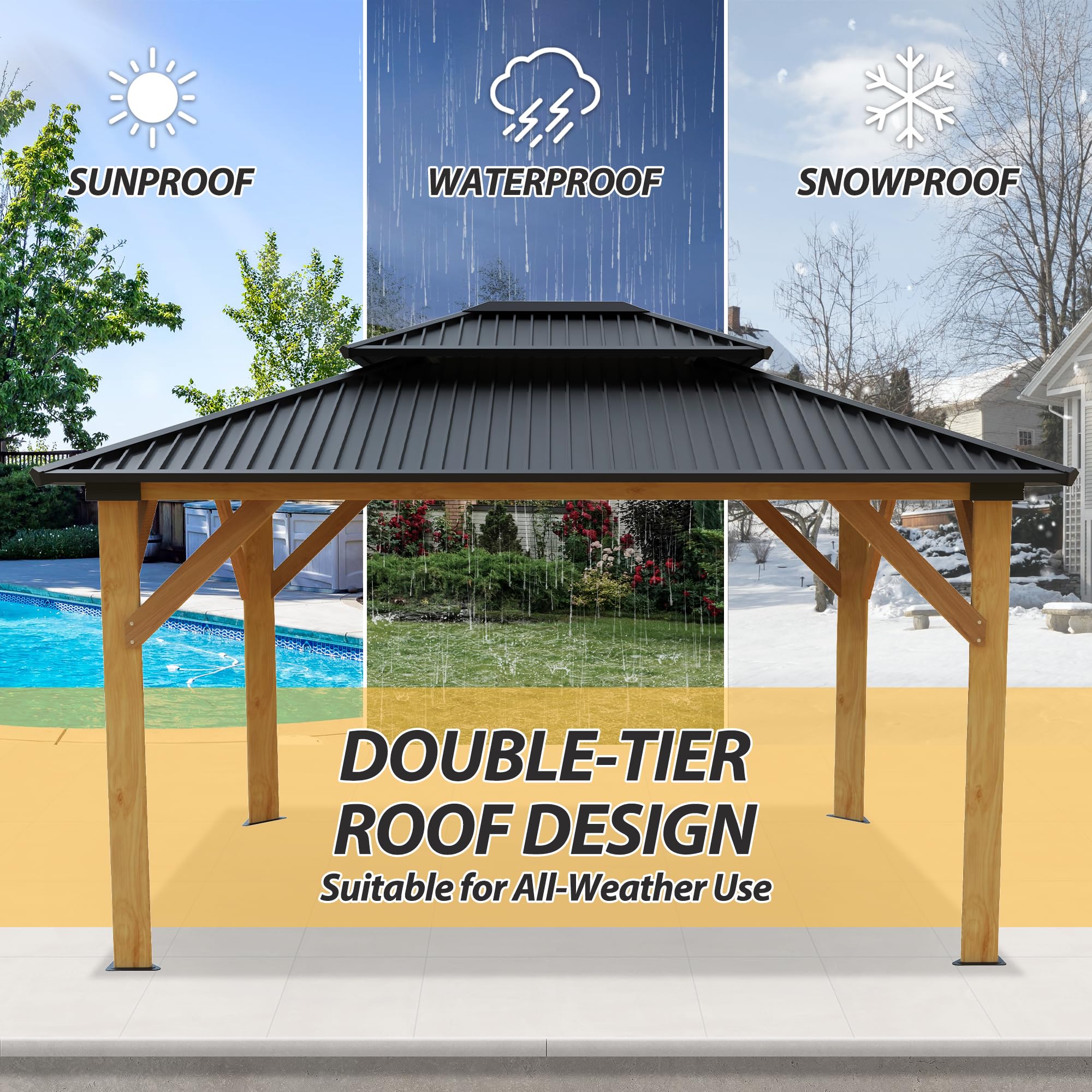11' x 13' Hardtop Galvanized Steel Wood Gazebo H689