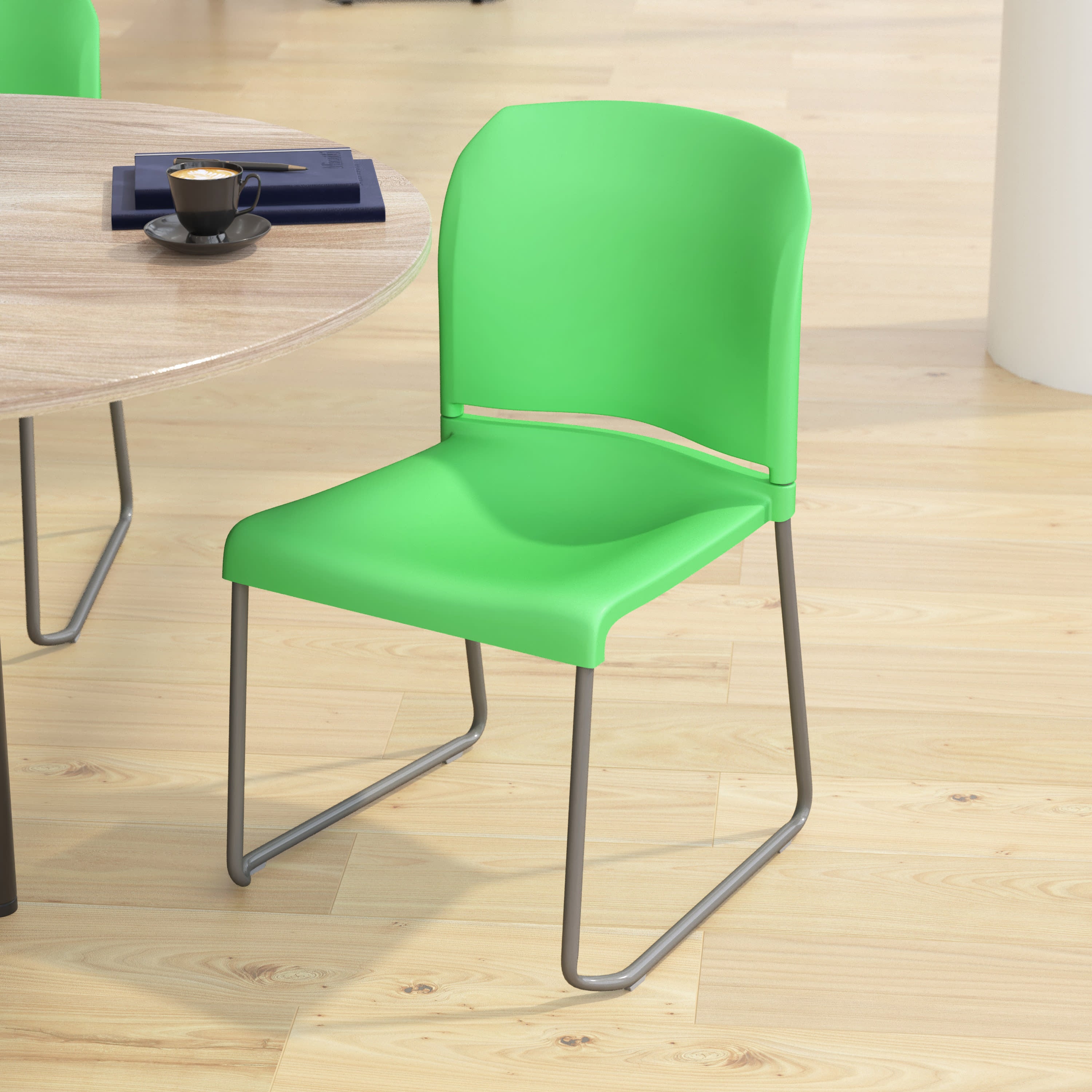 Green Full Back Contoured Stack Chair with Gray Sled Base L4348
