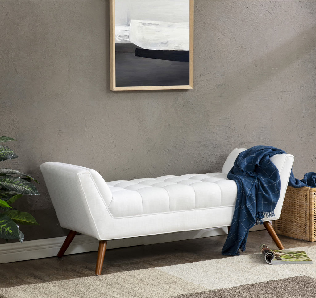 White Solid Tufted Linen Bench W7896