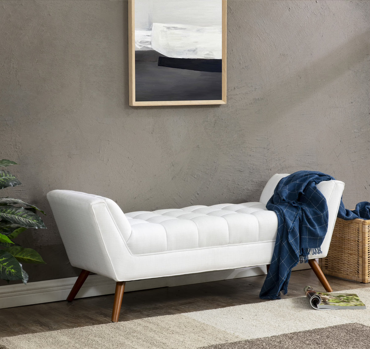 White Solid Tufted Linen Bench W7896