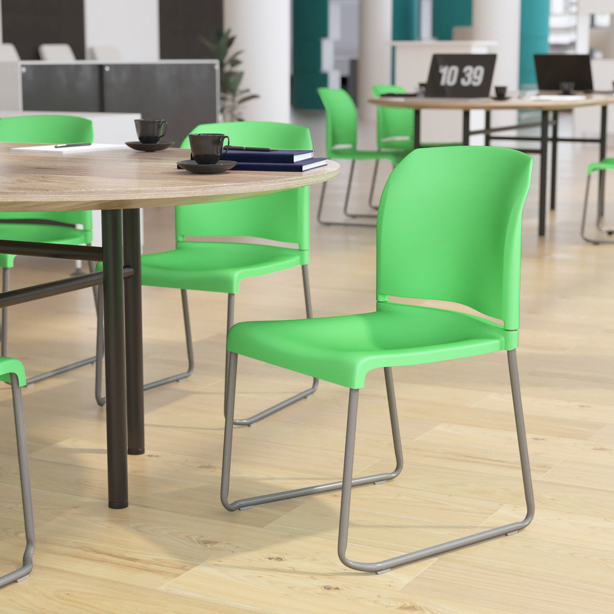 Green Full Back Contoured Stack Chair with Gray Sled Base L4348